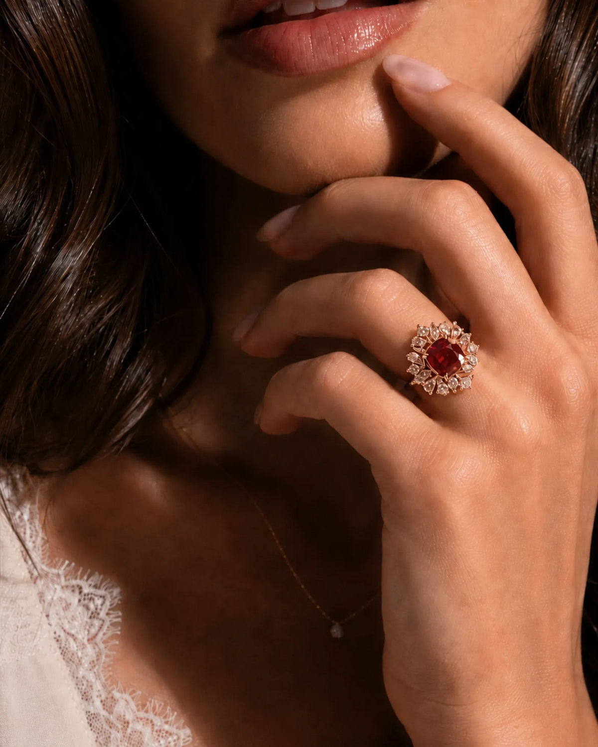 Ruby and diamond statement ring with floral halo in 18K rose gold | SARATTI