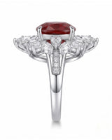 Ruby and diamond statement ring with floral halo in 18K white gold | SARATTI