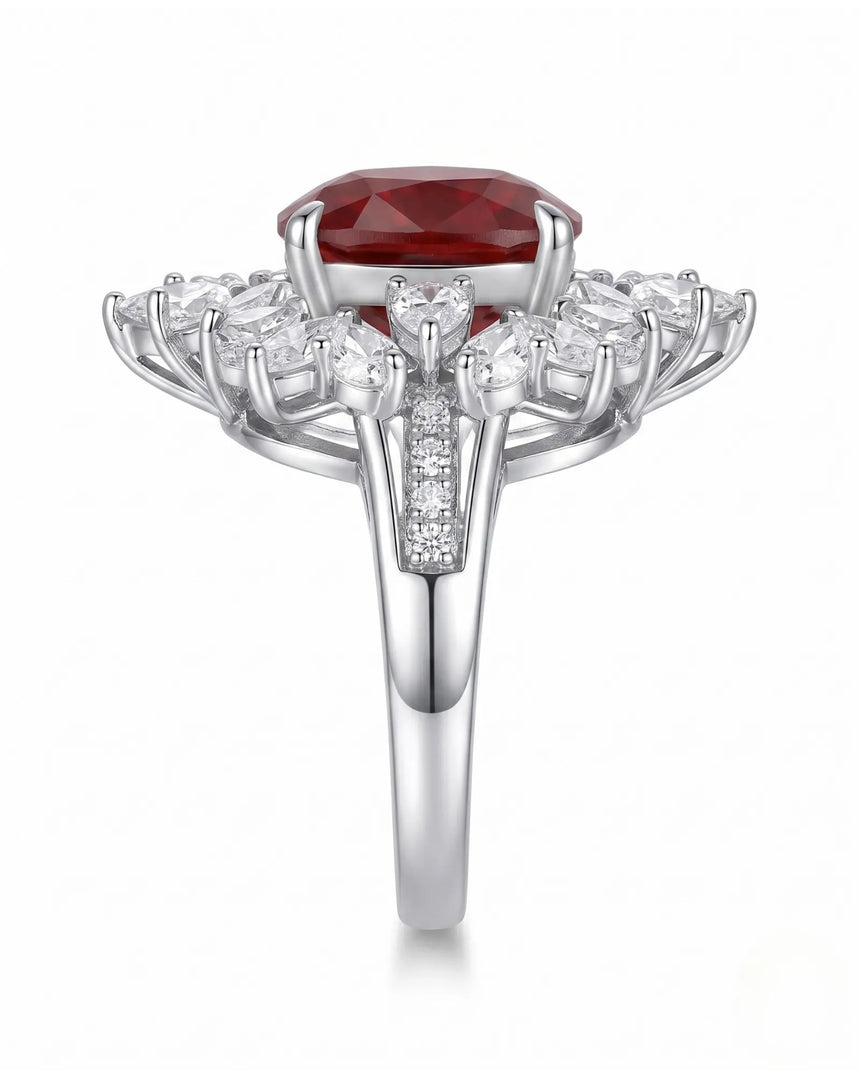 Ruby and diamond statement ring with floral halo in 18K white gold | SARATTI