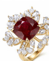 Ruby and diamond statement ring with floral halo in 18K yellow gold | SARATTI