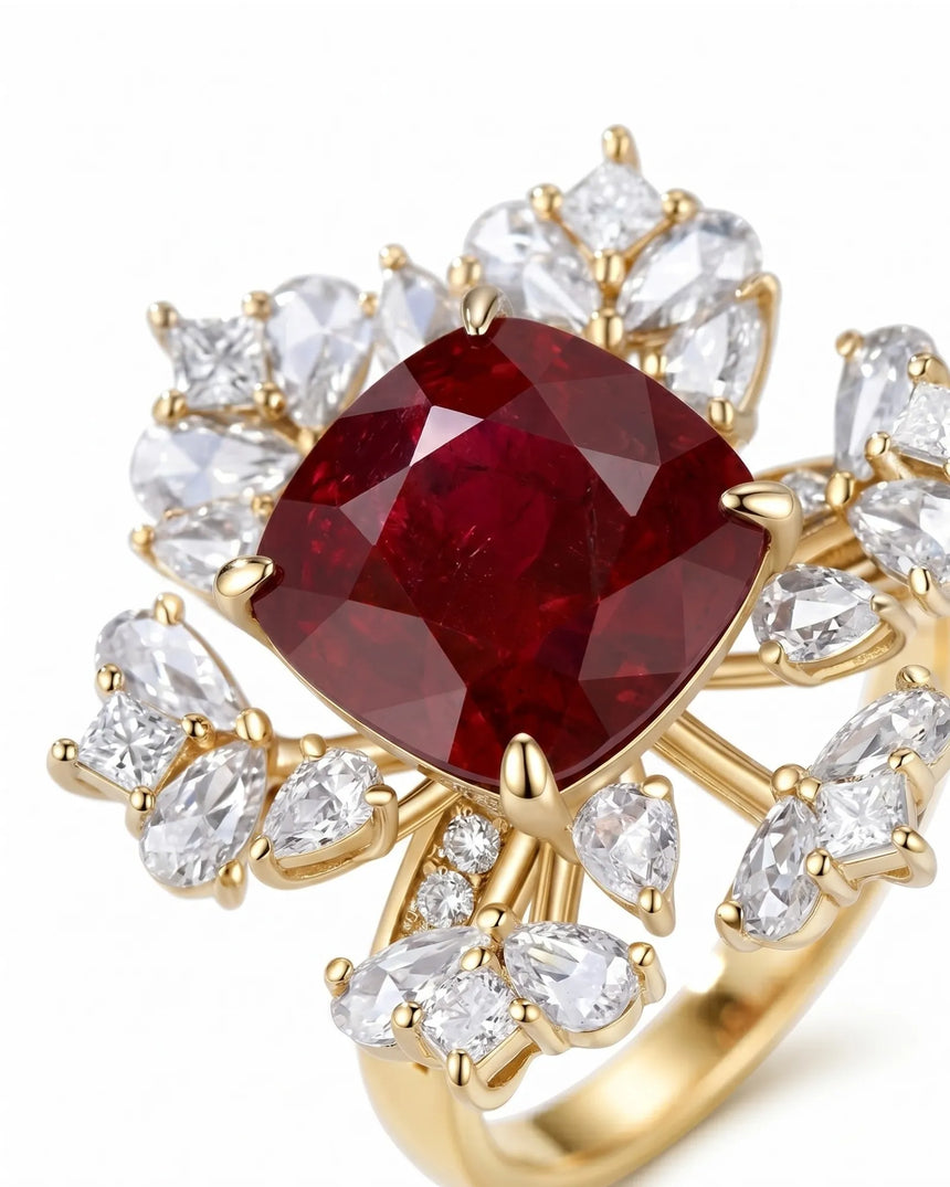 Ruby and diamond statement ring with floral halo in 18K yellow gold | SARATTI