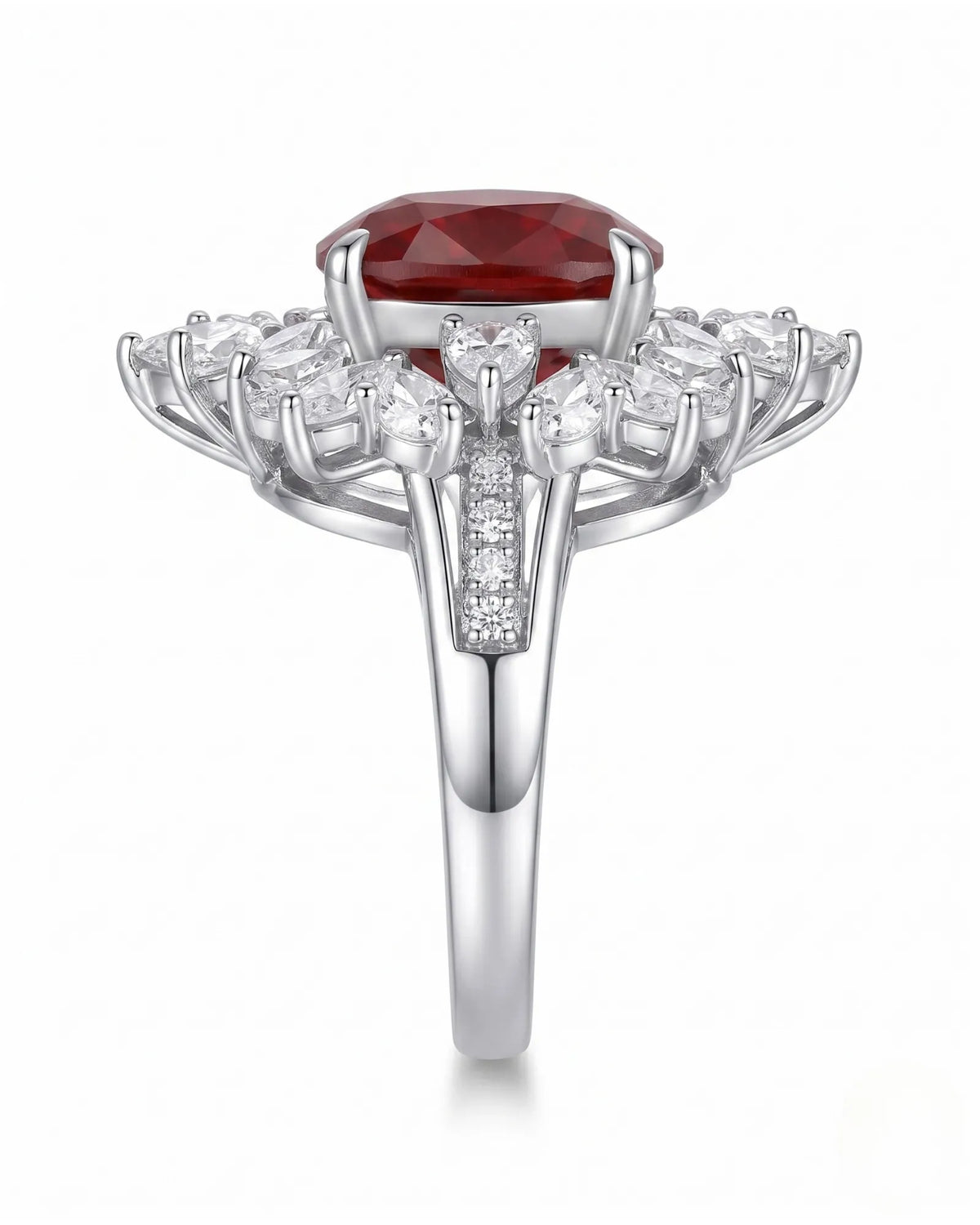 Ruby and diamond statement ring with floral halo in refined platinum | SARATTI