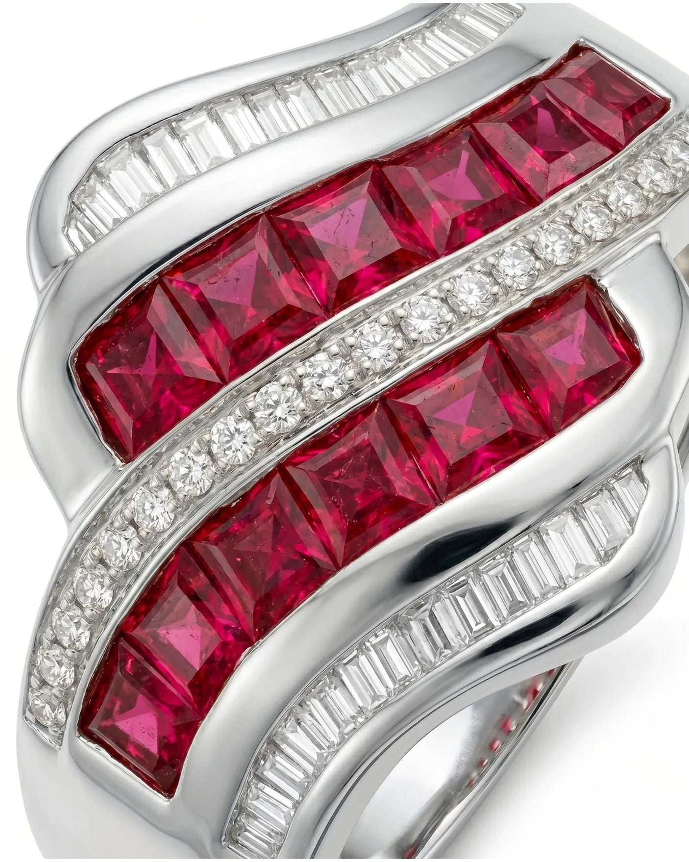 Ruby and diamond statement ring with wide channel design in 18K white gold | SARATTI