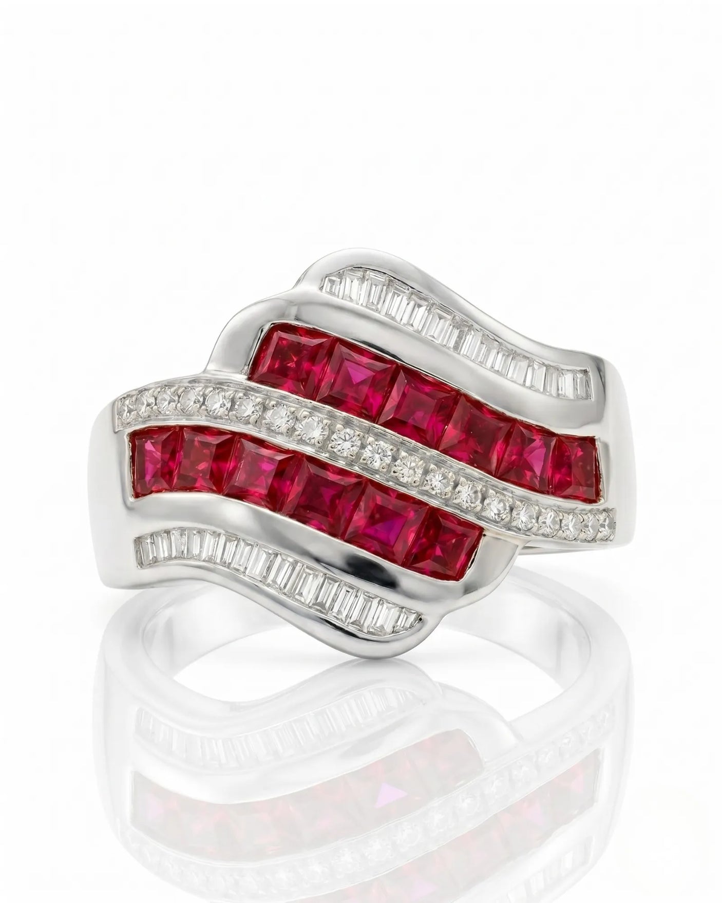 Ruby and diamond statement ring with wide channel design in refined platinum | SARATTI