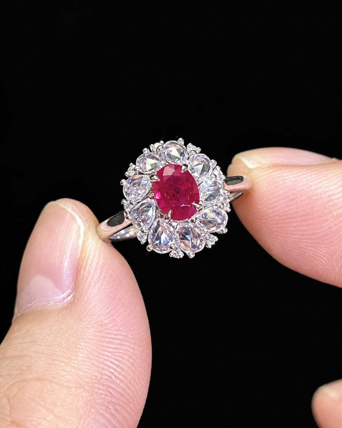 Ruby and white sapphire flower ring | SARATTI