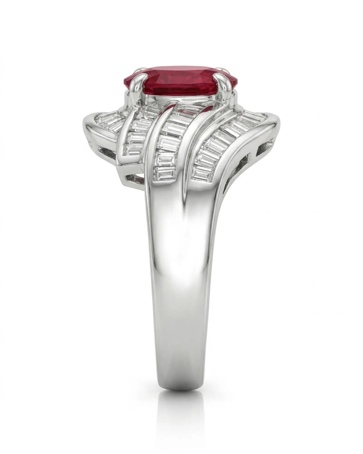 Ruby baguette diamond wave ring in PT850 platinum - SARATTI