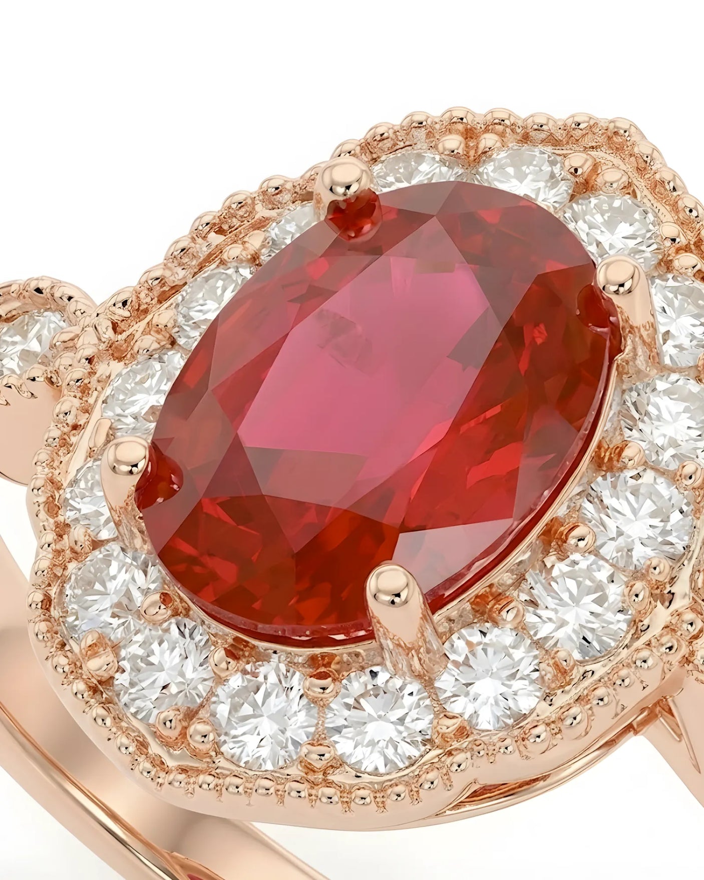 Ruby centerpiece ring diamond halo 18K rose gold | SARATTI