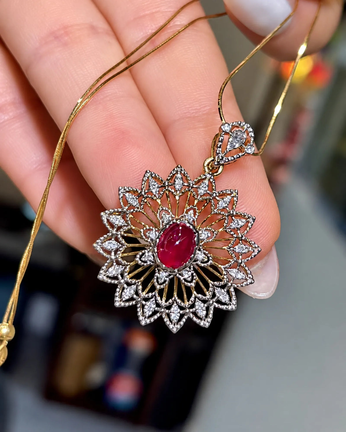 Ruby diamond floral pendant in 18K two tone gold for elegant occasion and statement jewellery styling | SARATTI