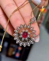 Ruby diamond floral pendant in 18K two tone gold for elegant occasion and statement jewellery styling | SARATTI