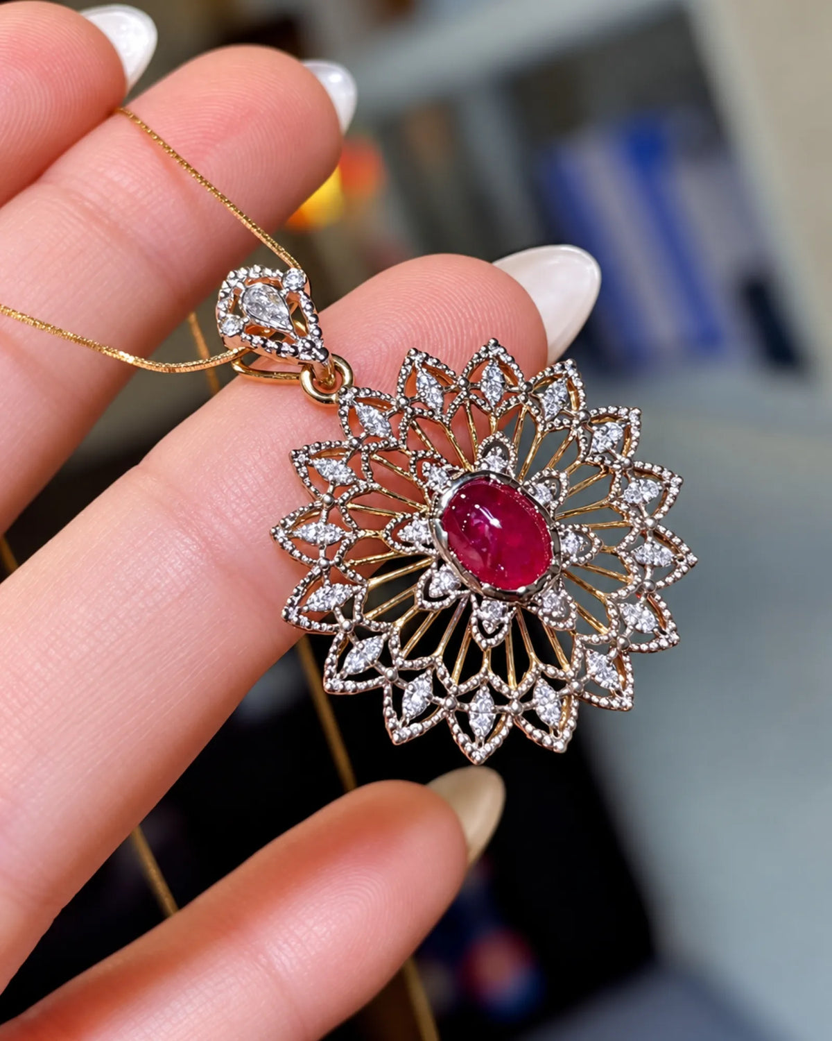 Ruby diamond lace floral pendant | SARATTI
