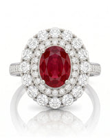 Ruby engagement ring with double halo diamonds in elegant 18K White Gold | SARATTI
