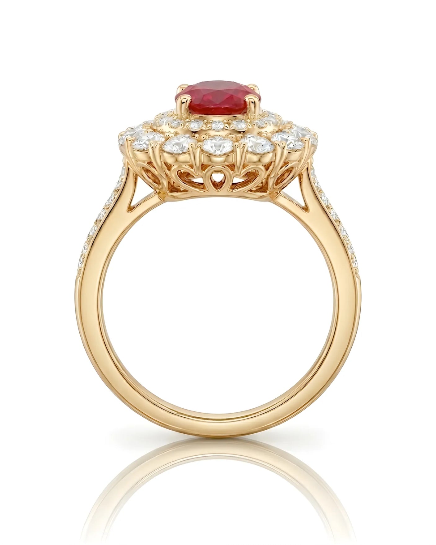 Ruby engagement ring with double halo diamonds in elegant 18K Yellow Gold | SARATTI