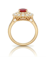 Ruby engagement ring with double halo diamonds in elegant 18K Yellow Gold | SARATTI
