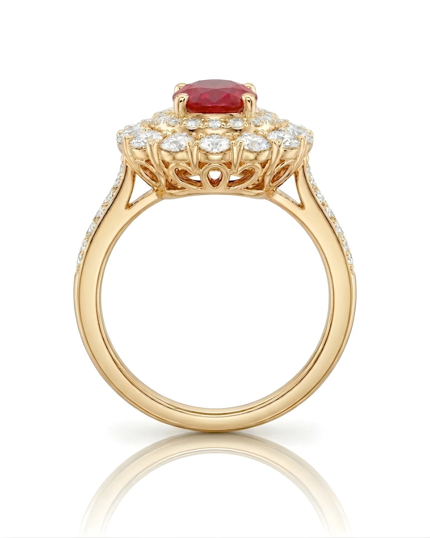Ruby engagement ring with double halo diamonds in elegant 18K Yellow Gold | SARATTI