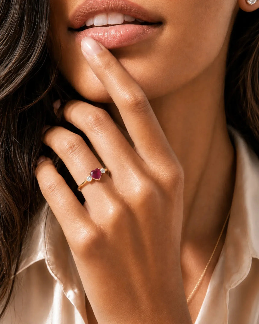 Ruby engagement ring with heart center and diamonds in 18K Rose Gold | SARATTI