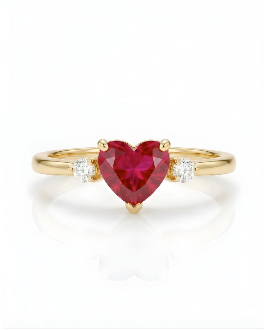 Ruby engagement ring with heart center and diamonds in 18K Yellow Gold - SARATTI
