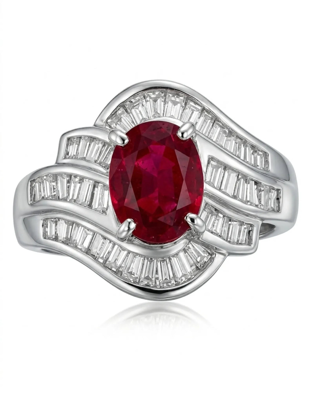 Ruby statement ring with curved baguette diamond bands in polished platinum | SARATTI