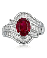 Ruby statement ring with curved baguette diamond bands in polished platinum | SARATTI