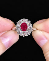 Ruby white sapphire diamond flower ring in 18K white gold for romantic occasion and statement styling -- SARATTI