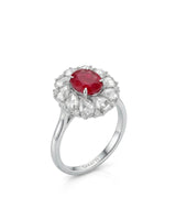 Ruby white sapphire diamond flower ring in PT900 platinum for romantic occasion and statement styling - SARATTI