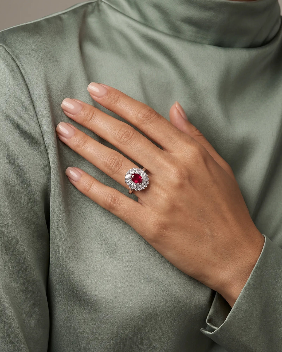 Ruby white sapphire diamond flower ring in PT900 platinum for romantic occasion and statement styling | SARATTI