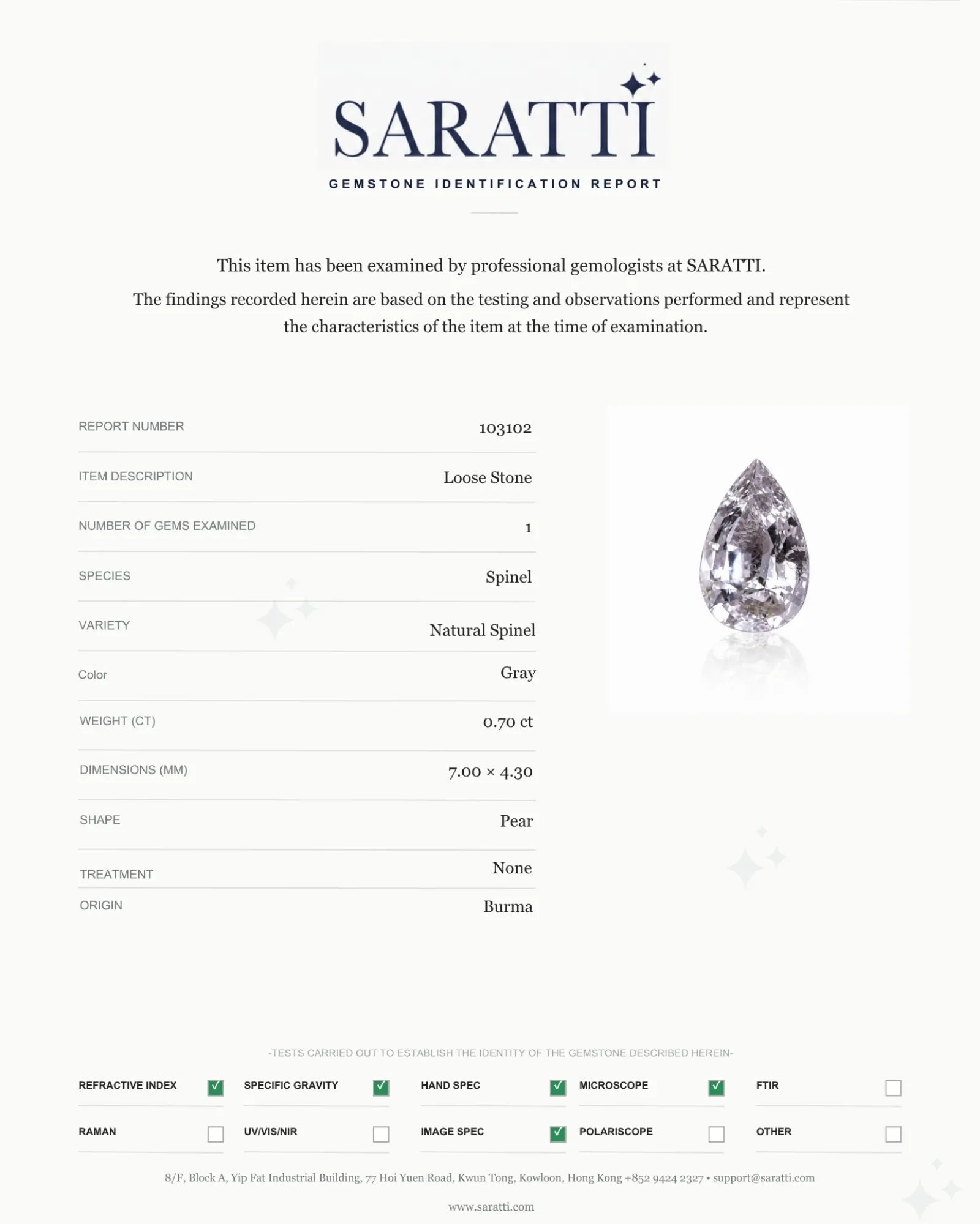 SARATTI Certified 0.70ct Burmese Gray Spinel Pear Cut with tapered point | SARATTI