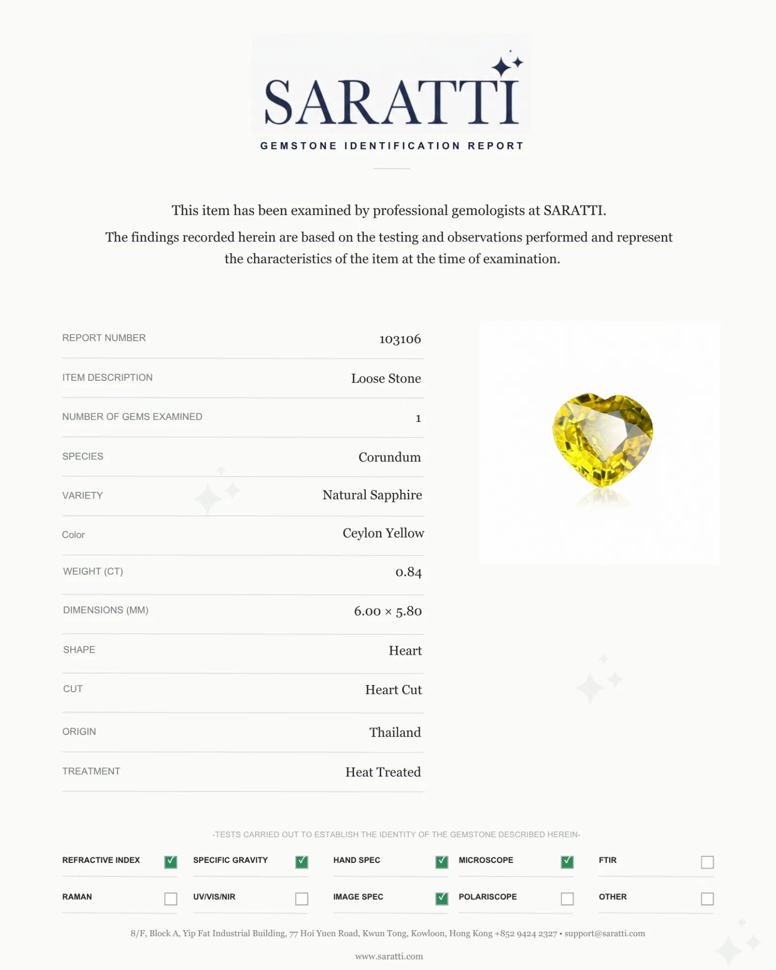 SARATTI Certified 0.84ct Thailand Ceylon Yellow Sapphire Heart 6.00 x 5.80 mm | SARATTI