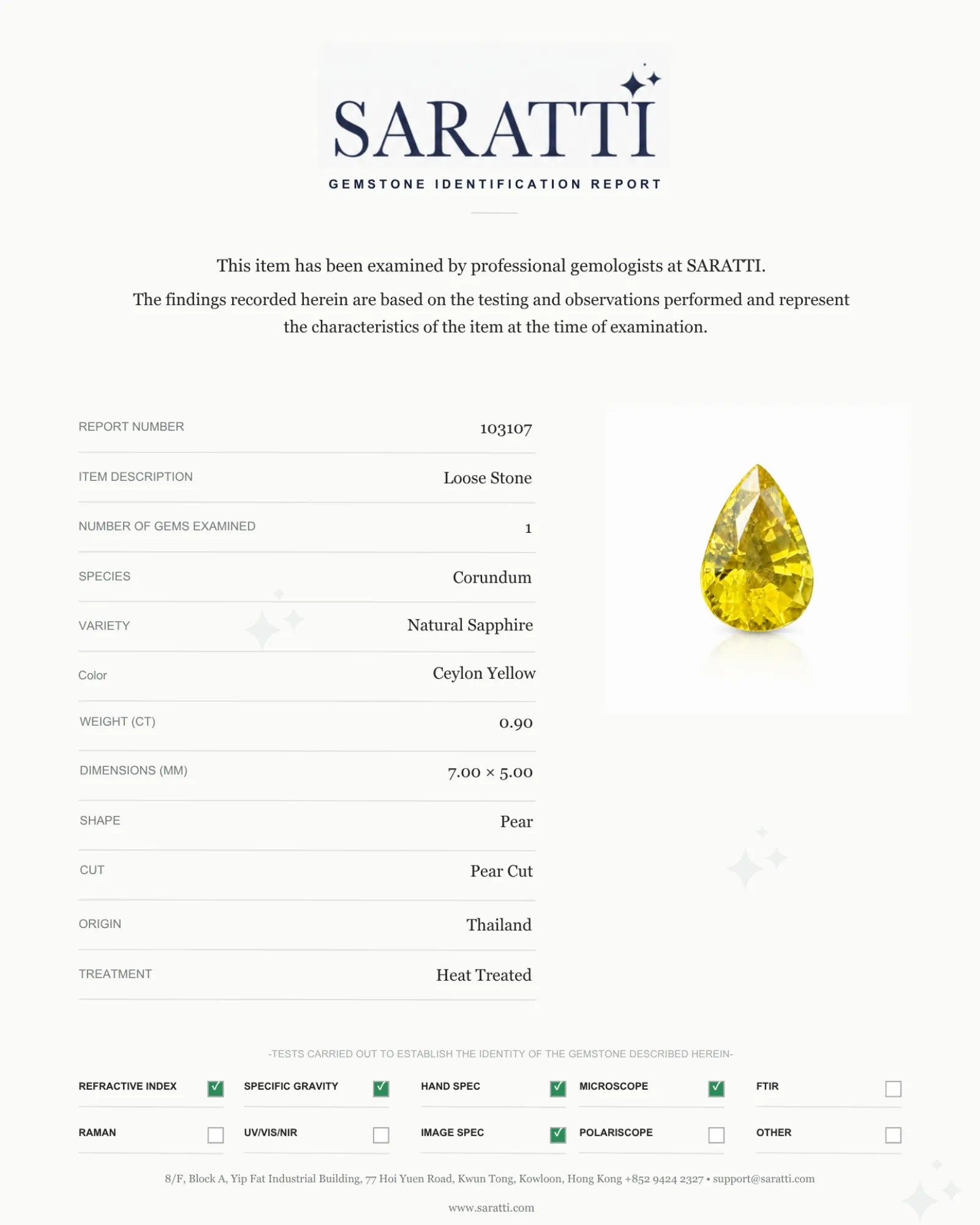 SARATTI Certified 0.90ct Thailand Ceylon Yellow Sapphire Pear 7.00 x 5.00 mm | SARATTI