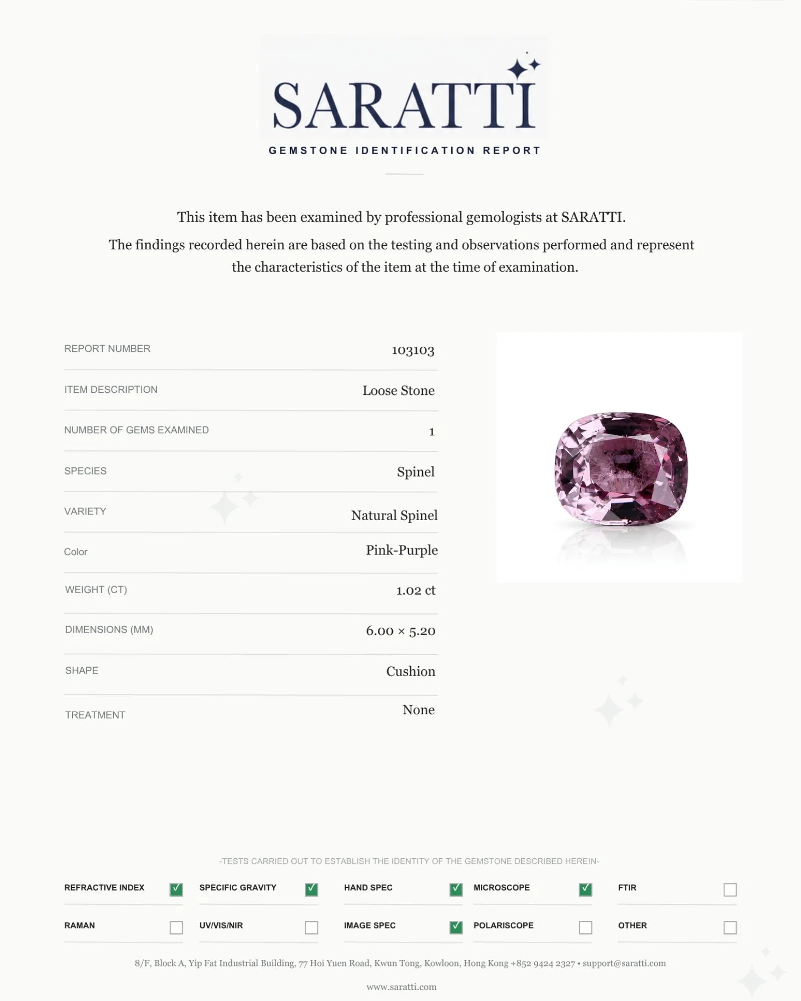 SARATTI Certified 1.02ct Burmese Spinel Cushion Cut with visible facet structure | SARATTI