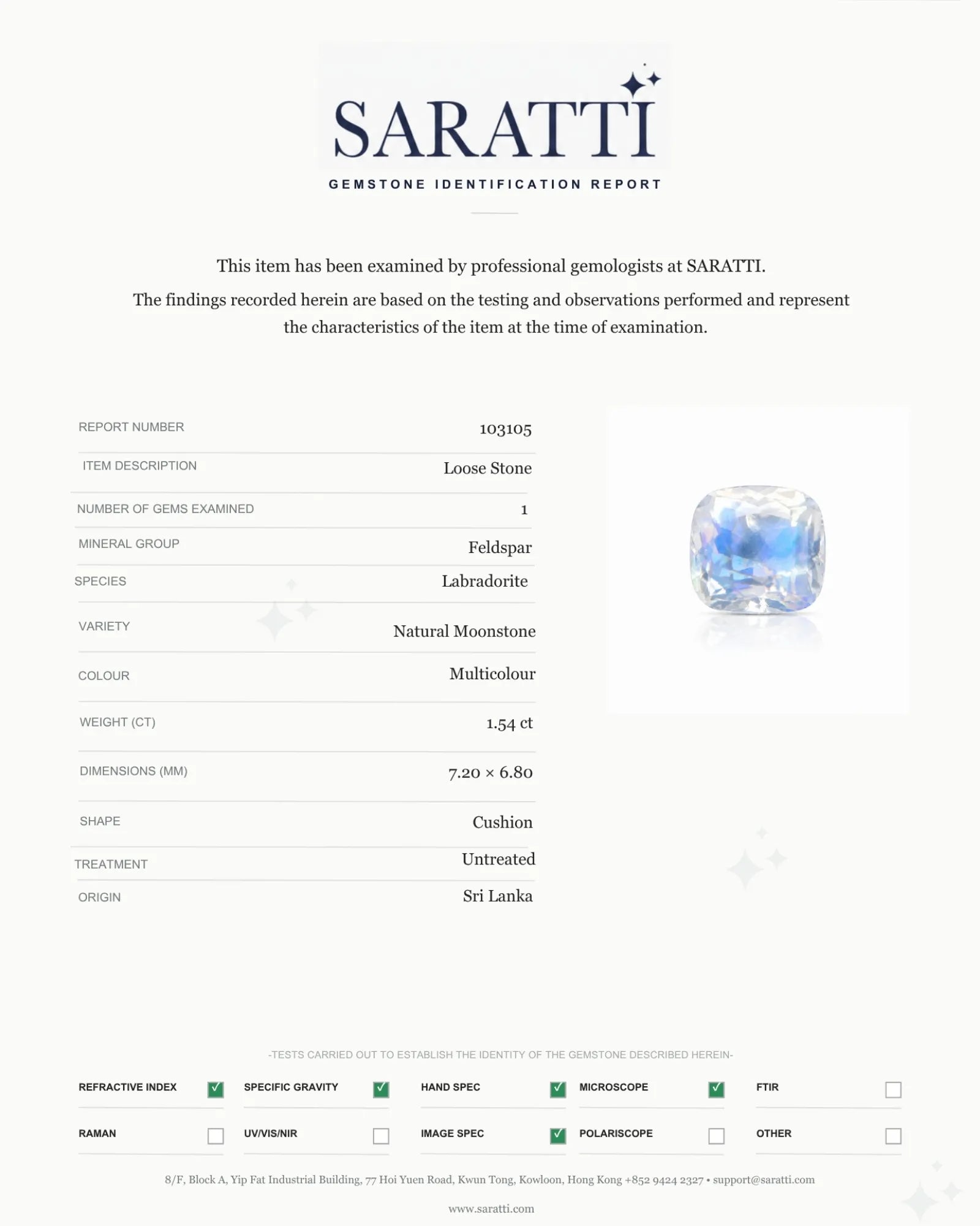 SARATTI Certified 1.54 CTS Natural Sri Lankan Rainbow Moonstone Cushion | SARATTI