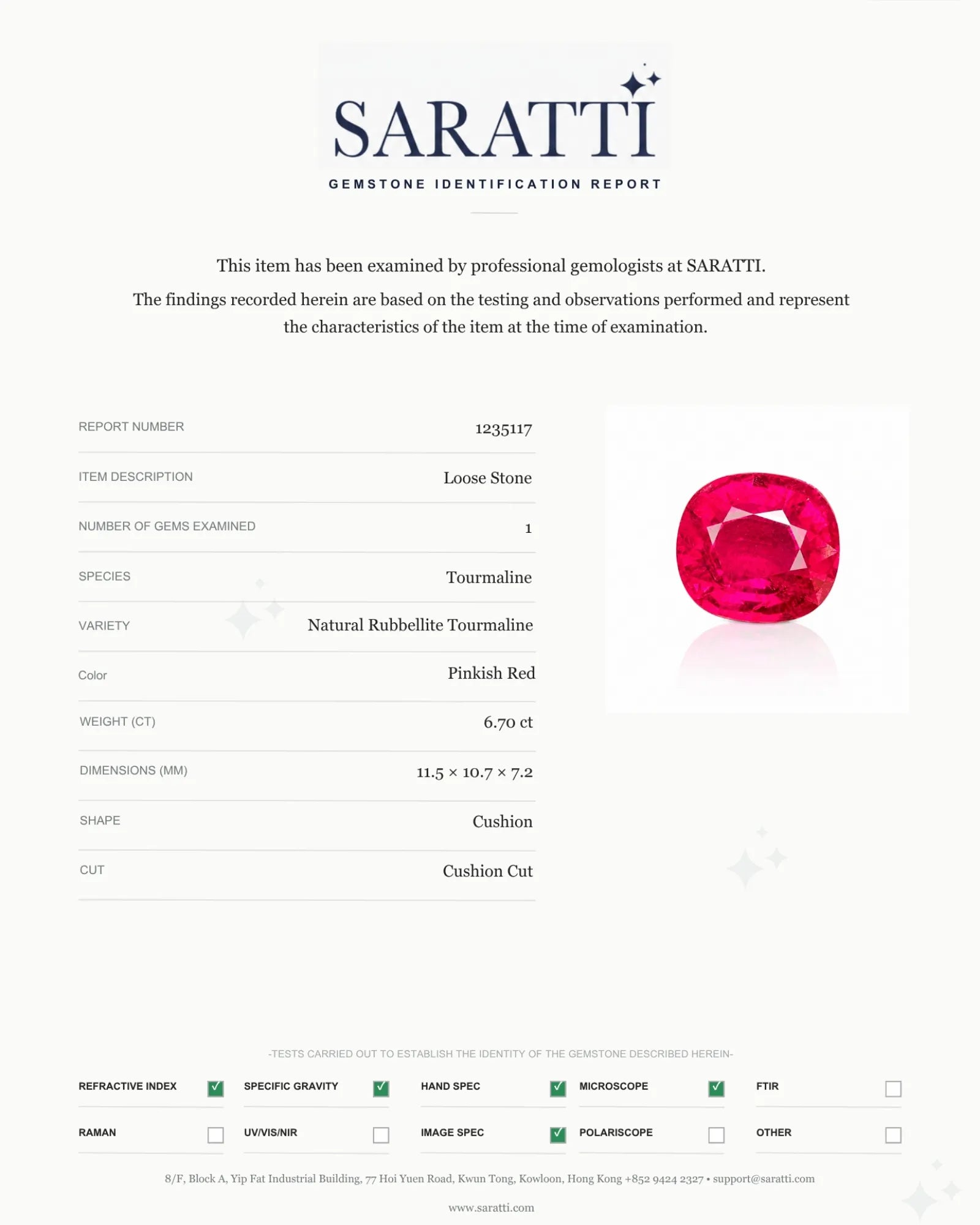 SARATTI Certified 6.70ct Rubellite Tourmaline Cushion Cut loose gemstone | SARATTI