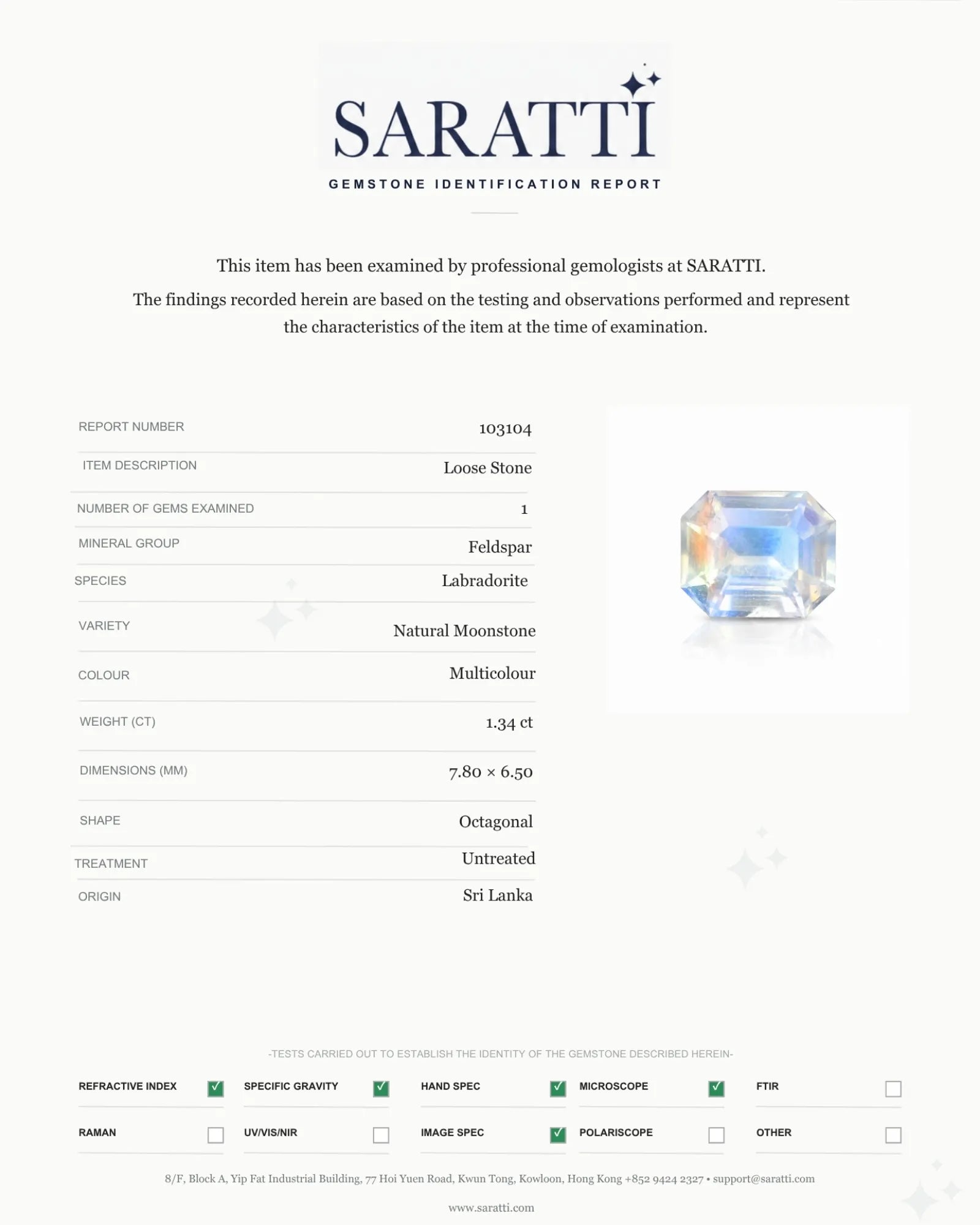 SARATTI gemstone identification report for 1.34 CTS Natural Moonstone, report 103104 | SARATTI