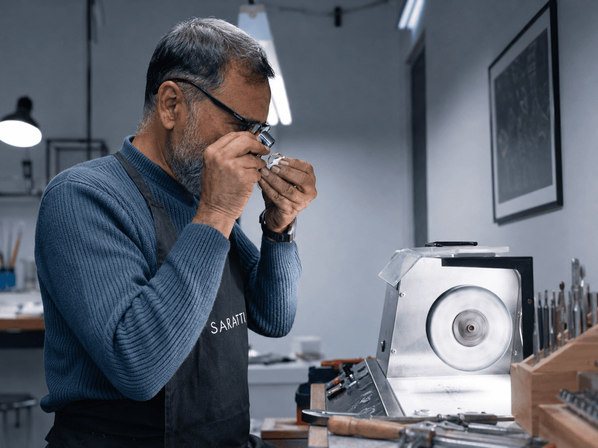 SARATTI artisan inspecting a handcrafted jewellery piece beside a polishing wheel in the workshop.