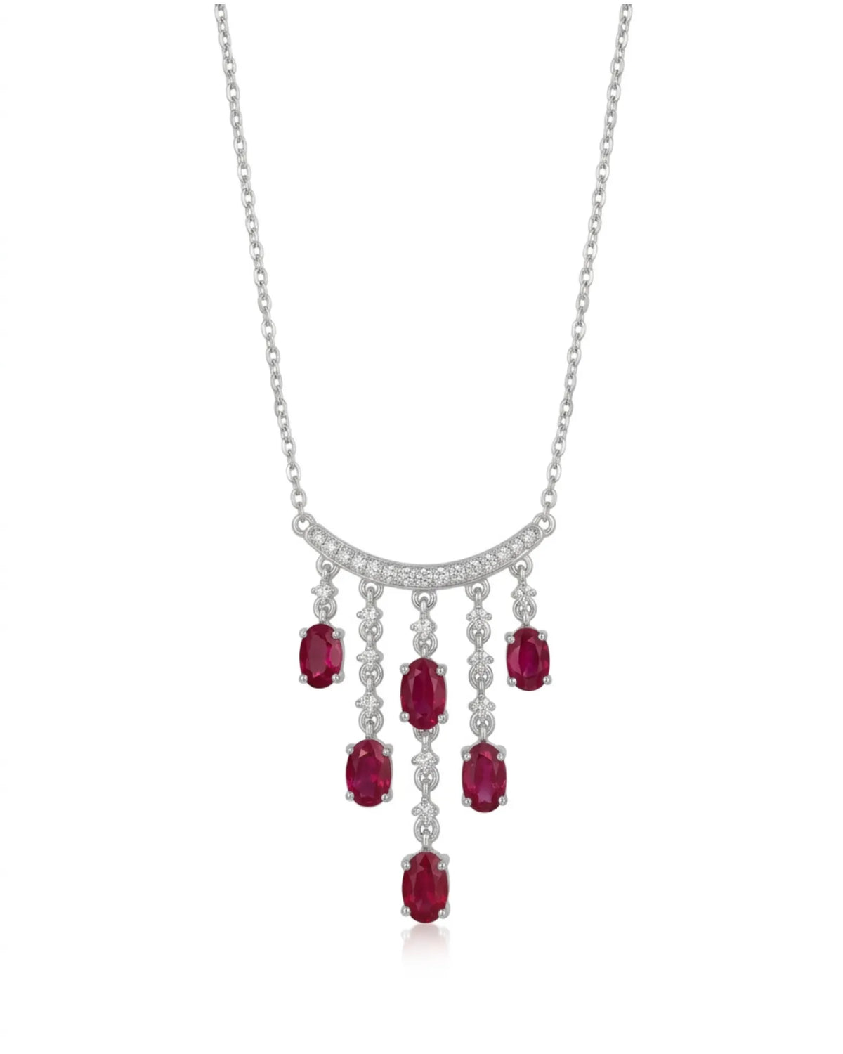 SERAPHINA ruby diamond tassel necklace with six oval ruby drops and diamond-set PT950 platinum arc | SARATTI