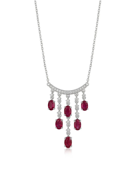 SERAPHINA ruby diamond tassel necklace with six oval ruby drops and diamond-set PT950 platinum arc | SARATTI
