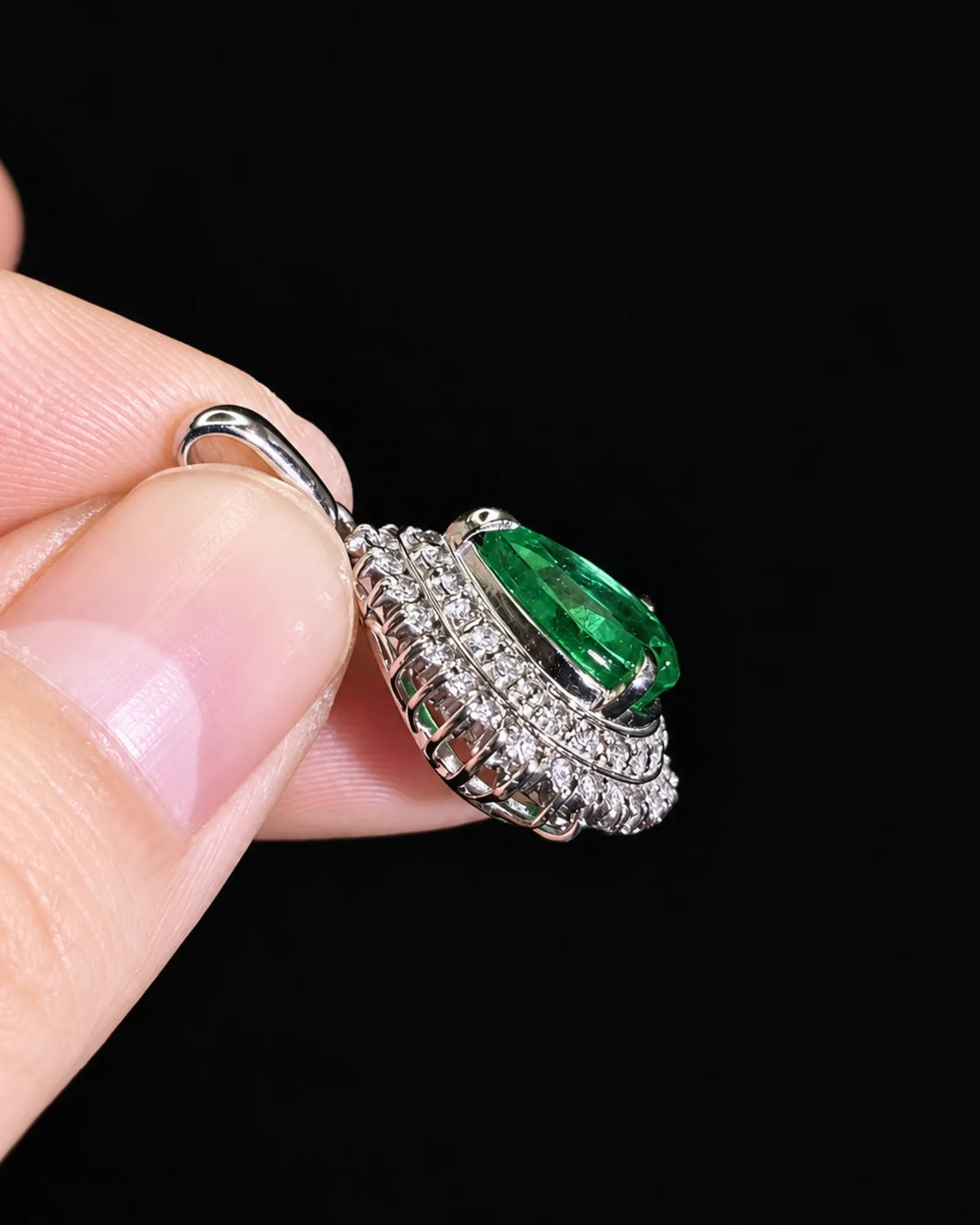 SERENA — Emerald Teardrop Platinum Diamond Halo Pendant