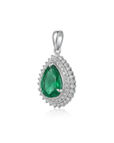 SERENA pear-shaped emerald diamond halo pendant crafted in polished PT900 platinum | SARATTI