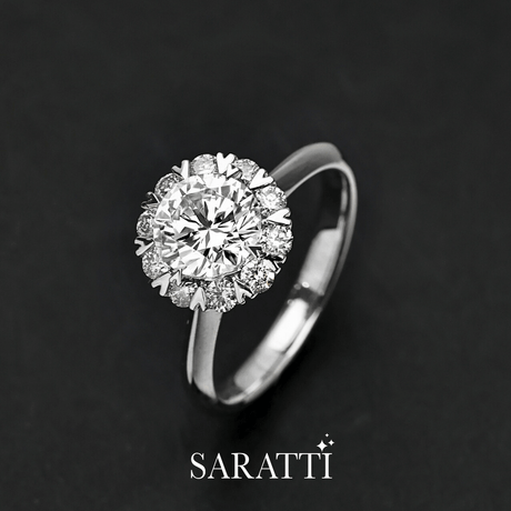 V Shaped Prong Set White Gold Halo Diamond Ring | Sadi