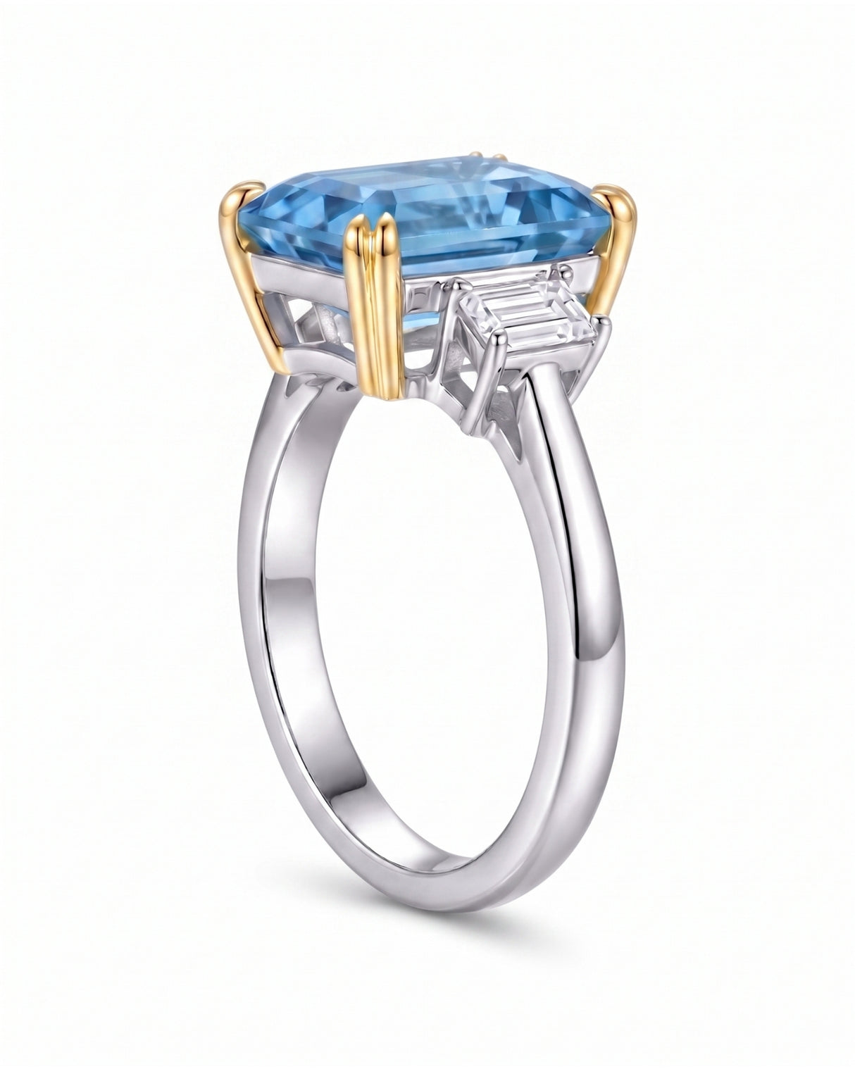 Trilune emerald-cut Aquamarine diamond three-stone ring setting in two-tone gold, side view | SARATTI