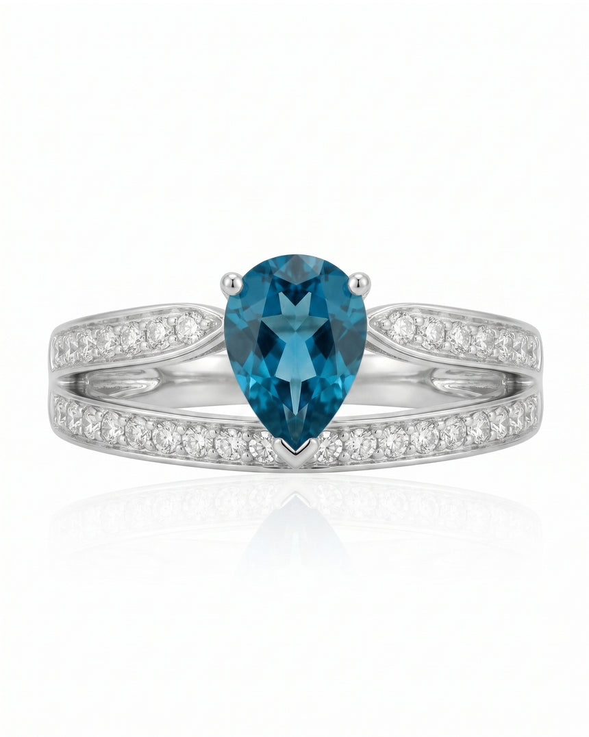 Santa Maria blue aquamarine ring with pear shaped center stone in Platinum | SARATTI