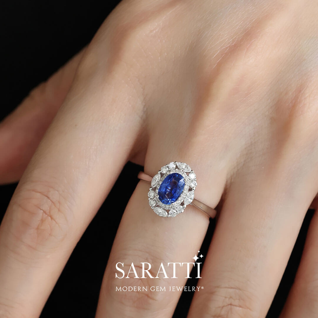 Luxurious Royal Blue Sapphire Ring Sparkling Diamond Halo | Modern Gem Jewelry | Saratti