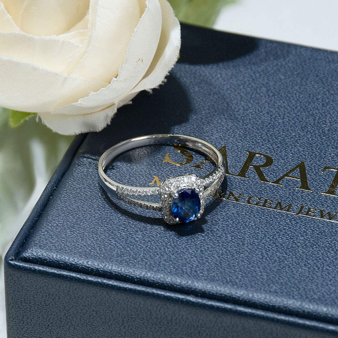 18K White Gold Bleu Royale Natural Sapphire Split Shank Ring on Saratti Ring Box | Saratti Jewelry