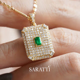 Geometric gold pendant with natural emerald and pavé diamond craftsmanship | SARATTI