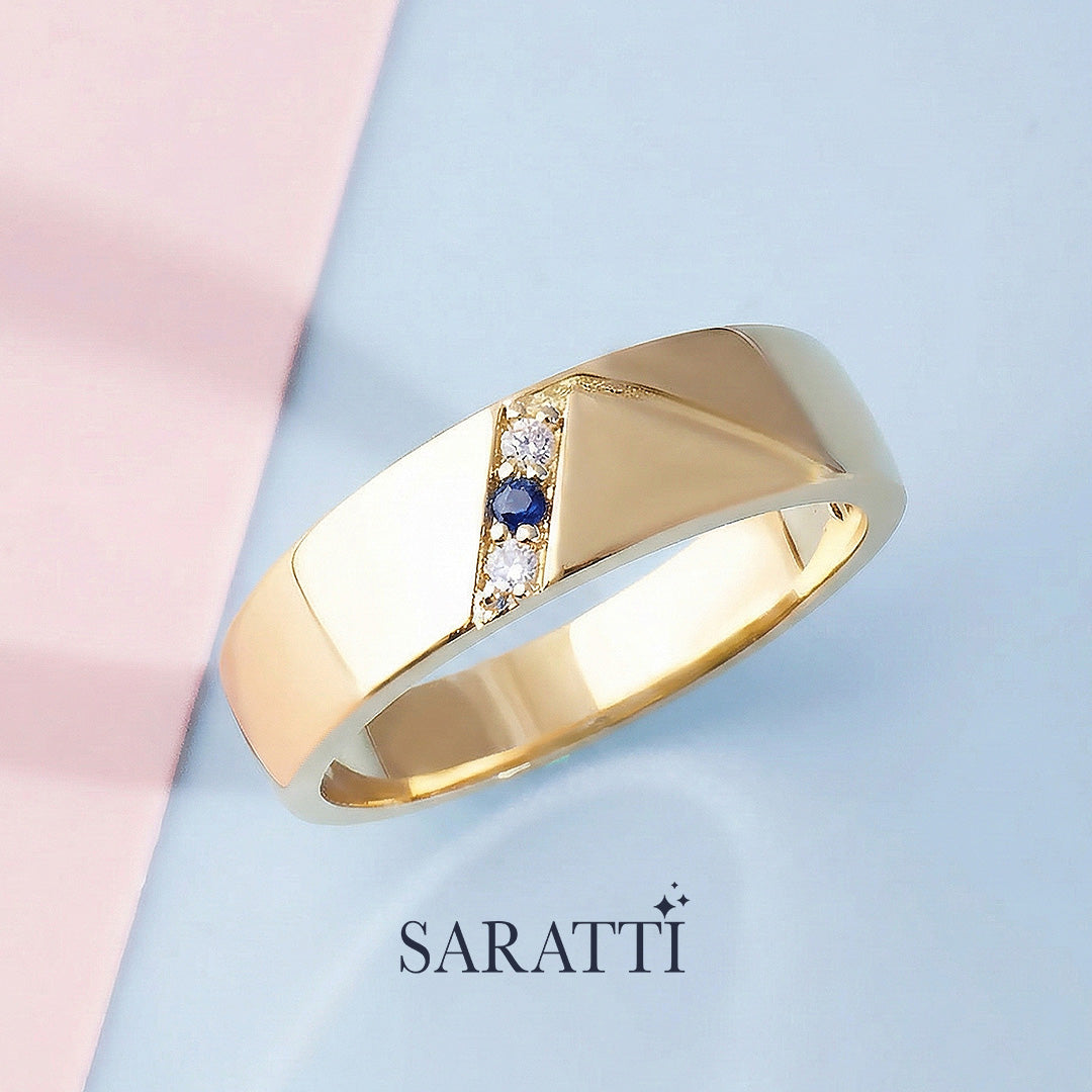 6mm men diamond and sapphire three stone ring handcrafted design in 18K yellow gold | SARATTI