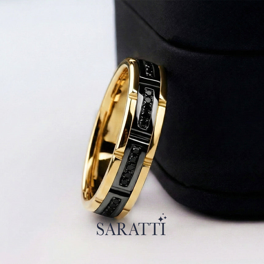 Black Diamond 4mm mens wedding band handcrafted design in 18K yellow gold | SARATTI