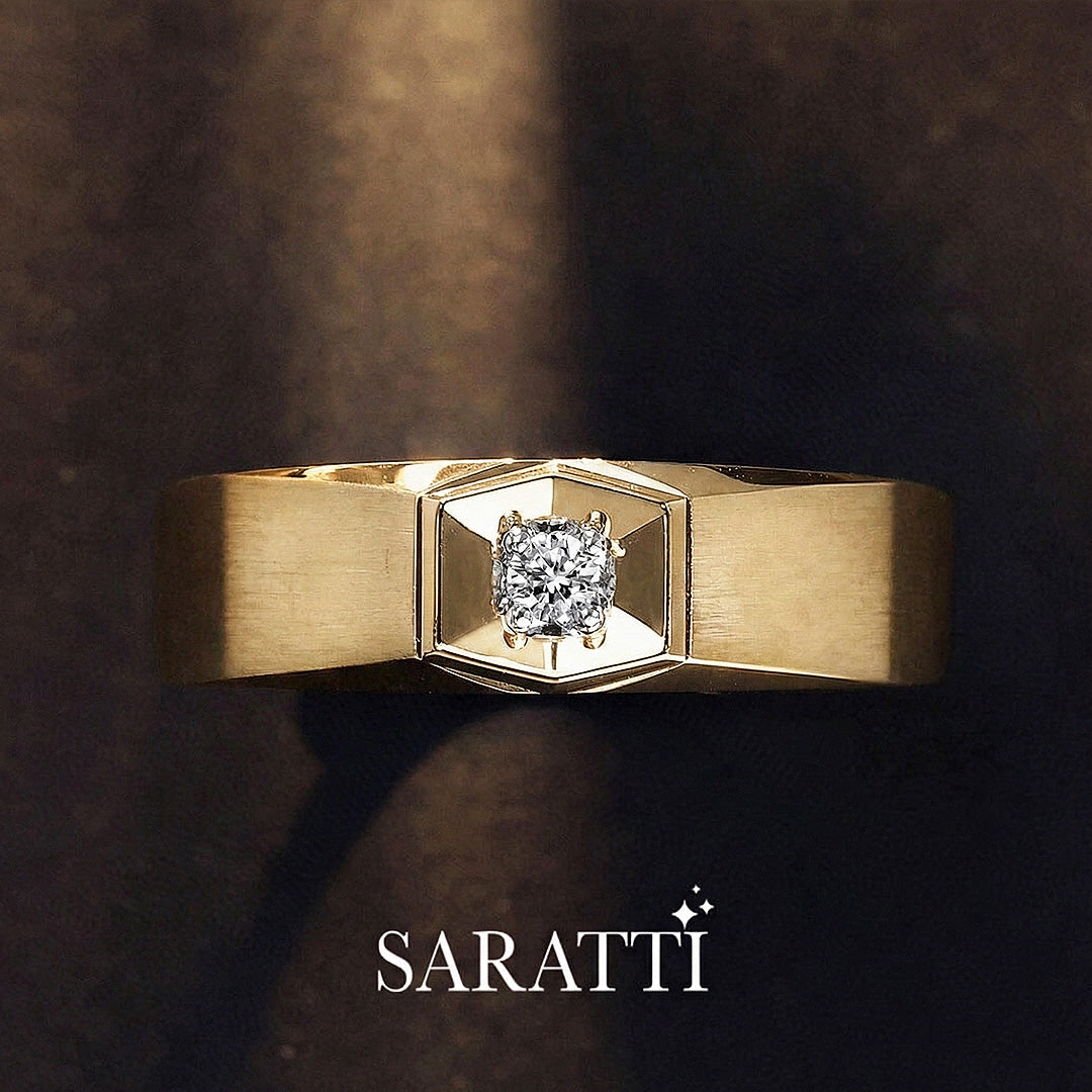 Hexagonal motif design detail of Six Paths Two Tone diamond ring in 18K yellow gold | SARATTI
