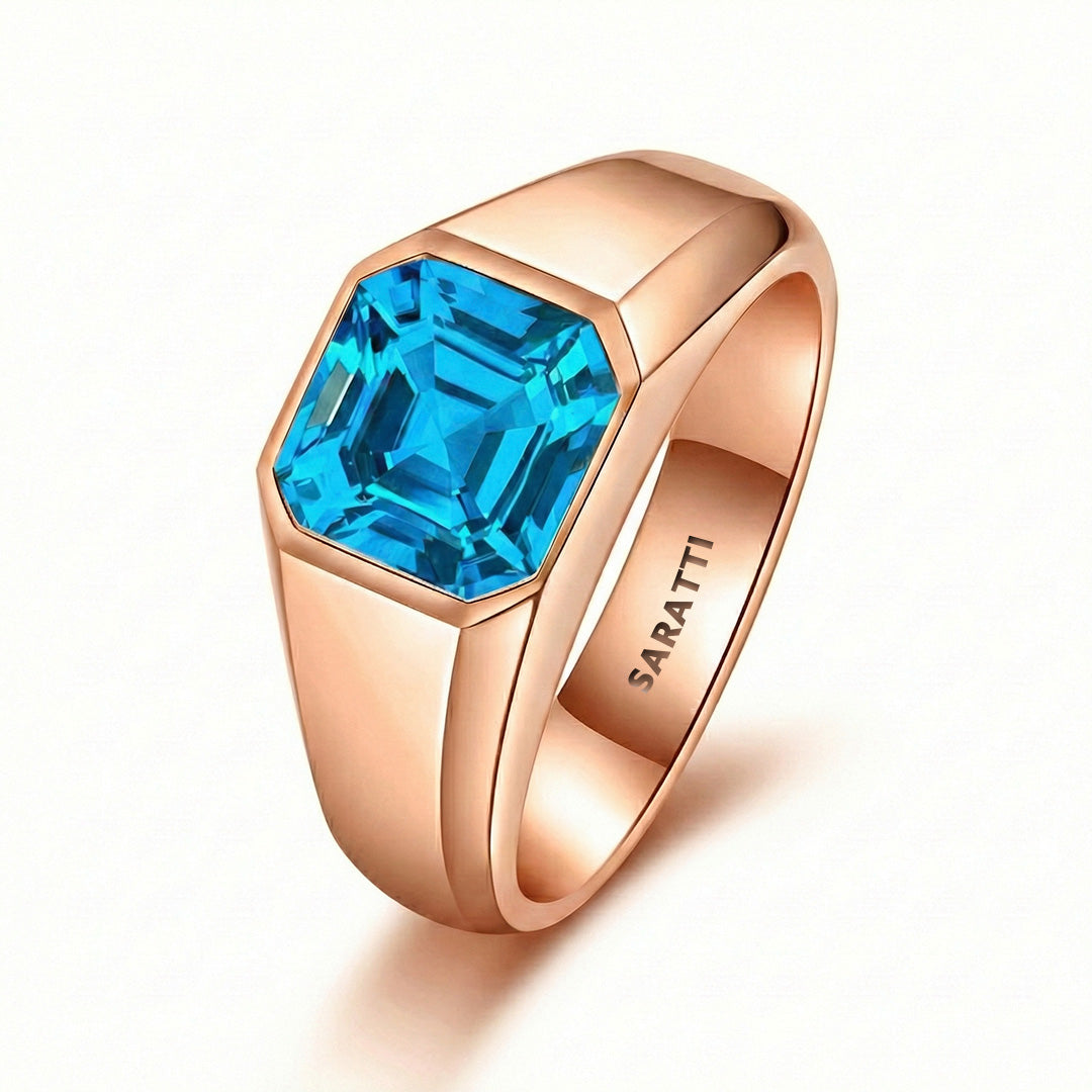 Mens blue topaz ring luxury statement ring in 18K rose gold | SARATTI
