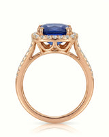 Sapphire and diamond anniversary ring with classic halo in 18K rose gold | SARATTI