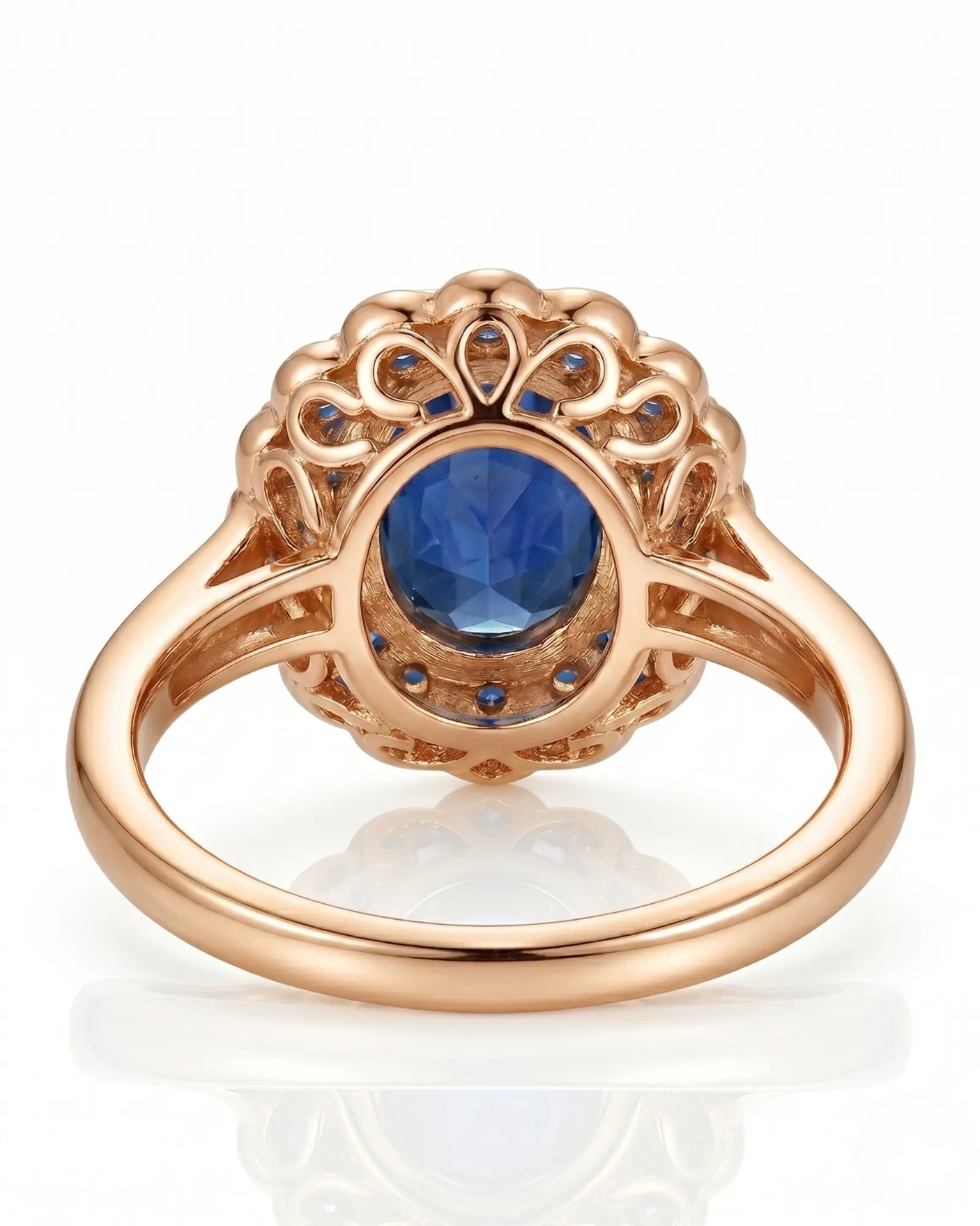 Sapphire and diamond anniversary ring with double halo design in 18K rose gold | SARATTI