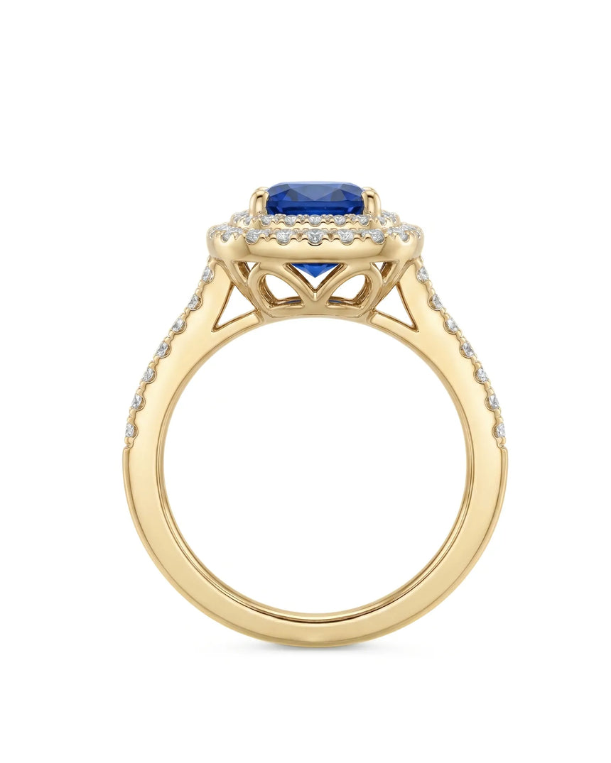 Sapphire and diamond anniversary ring with double halo design in 18K yellow gold | SARATTI